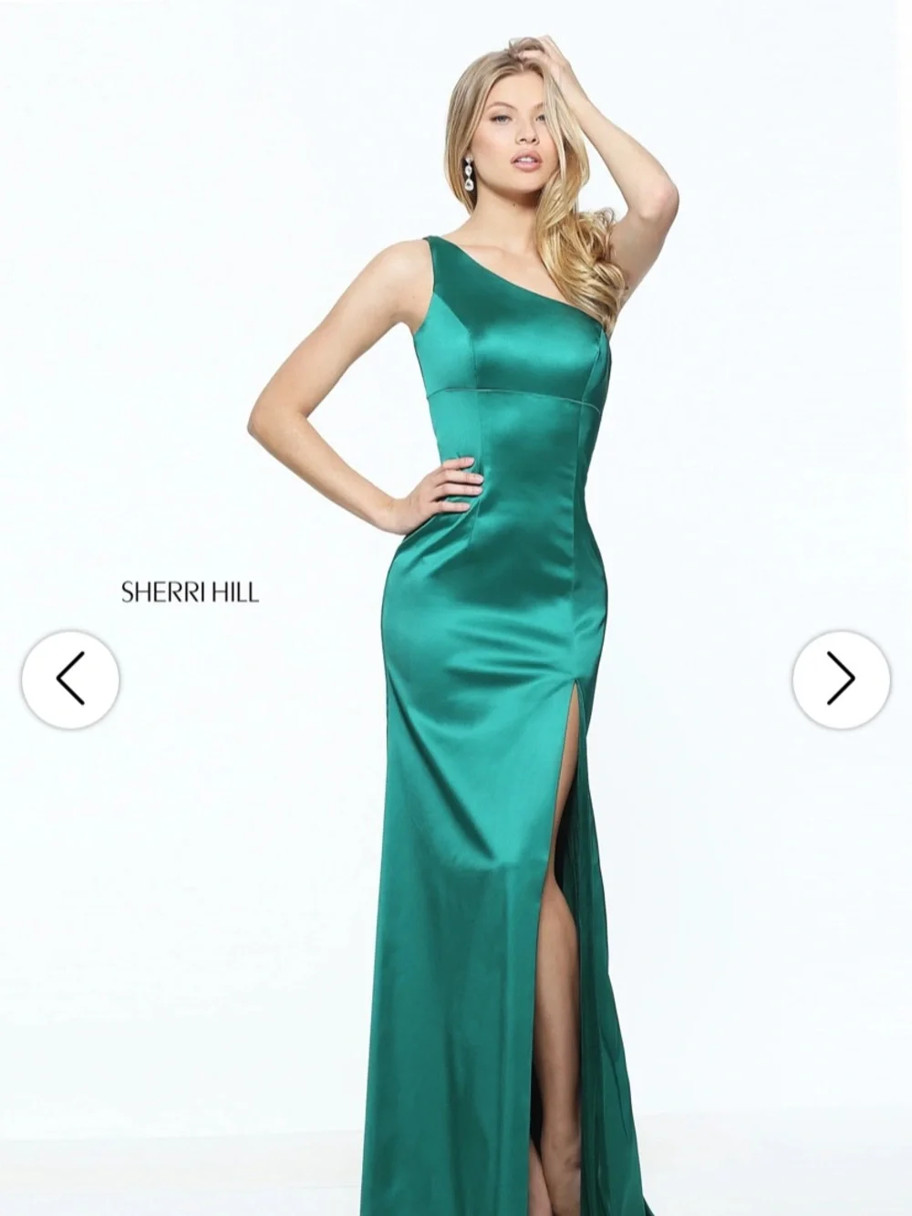 Sherri Hill 510007 Emerald One-Shoulder Satin Slit Gown Size 10